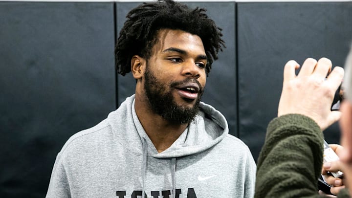 Iowa linebacker Jay Higgins speaks to reporters after a spring NCAA football practice, Thursday, March 30, 2023, at the University of Iowa Indoor Practice Facility in Iowa City, Iowa.