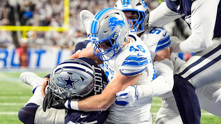 Detroit Lions linebacker Jack Campbell (46) sacks Dallas Cowboys quarterback Dak Prescott (4) 