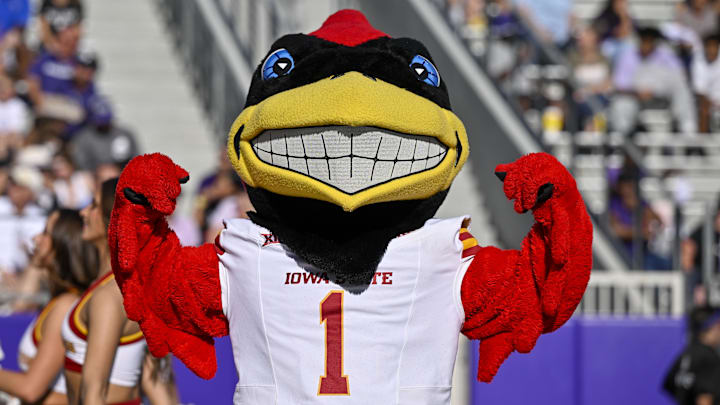 Nov 8, 2025; Fort Worth, Texas, USA;  The Iowa State Cyclones mascot poses for a photo during the game against the TCU Horned Frogs at Amon G. Carter Stadium. 