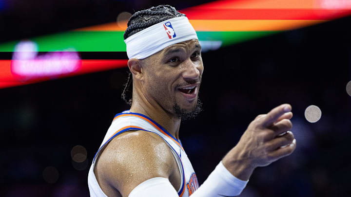 Nov 12, 2024; Philadelphia, Pennsylvania, USA; New York Knicks guard Josh Hart (3) reacts after a play against the Philadelphia 76ers during the fourth quarter at Wells Fargo Center. Mandatory Credit: Bill Streicher-Imagn Images