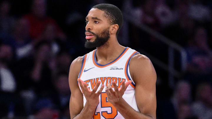 Oct 9, 2025; New York, New York, USA; New York Knicks guard/forward Mikal Bridges (25) reacts after scoring a three point basket against the Minnesota Timberwolves during the second half at Madison Square Garden. Mandatory Credit: John Jones-Imagn Images