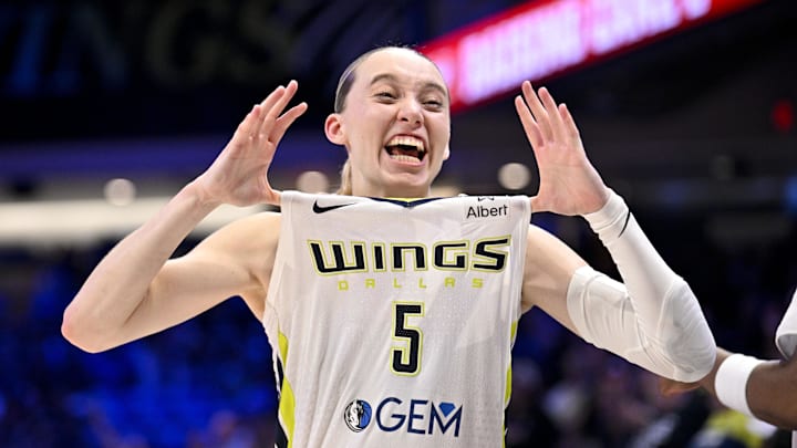 Dallas Wings guard Paige Bueckers (5) celebrates on September 11, 2025