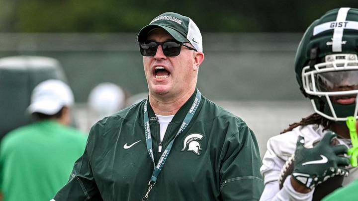 Michigan State’s head coach Pat Fitzgerald calls out to players during football practice on Thursday, Aug. 6, 2026, in East Lansing.