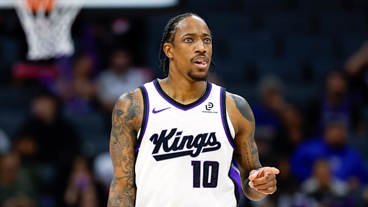 Oct 8, 2025; Sacramento, California, USA; Sacramento Kings guard/forward DeMar DeRozan (10) reacts during the first quarter against the Toronto Raptors at Golden 1 Center.