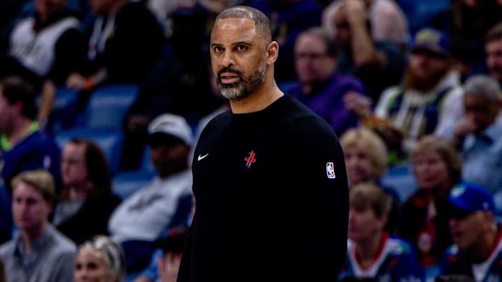 Mar 6, 2025; New Orleans, Louisiana, USA; Houston Rockets head coach Ime Udoka looks on against the New Orleans Pelicans during the first half at Smoothie King Center. Mandatory Credit: Stephen Lew-Imagn Images