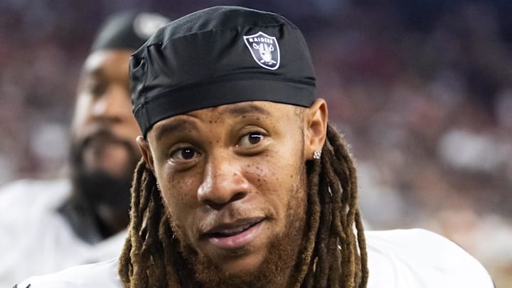 Aug 23, 2025; Glendale, Arizona, USA; Las Vegas Raiders cornerback Eric Stokes (22) against the Arizona Cardinals during a preseason NFL game at State Farm Stadium. Mandatory Credit: Mark J. Rebilas-Imagn Images