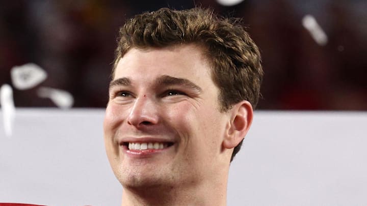 Jan 19, 2026; Miami Gardens, FL, USA; Indiana Hoosiers quarterback Fernando Mendoza (15) reacts after the College Football Playoff National Championship game against the Miami Hurricanes at Hard Rock Stadium. Mandatory Credit: Nathan Ray Seebeck-Imagn Images