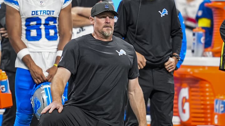 Aug 8, 2025; Atlanta, Georgia, USA; Detroit Lions head coach Dan Campbell reacts on the field after an injury to safety Morice Norris (26) (not shown) during the game against the Atlanta Falcons at Mercedes-Benz Stadium.