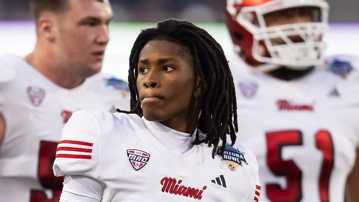 Dec 28, 2024; Tucson, AZ, USA; Miami (OH) RedHawks wide receiver Kam Perry (10) against the Colorado State Rams during the Snoop Dogg Arizona Bowl at Arizona Stadium. Mandatory Credit: Mark J. Rebilas-Imagn Images