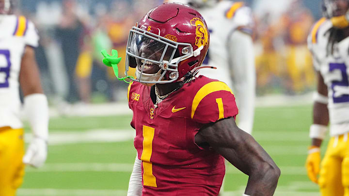 Sep 1, 2024; Paradise, Nevada, USA; Southern California Trojans wide receiver Zachariah Branch (1) reacts after making a play against the LSU Tigers during the second quarter at Allegiant Stadium. Mandatory Credit: Stephen R. Sylvanie-Imagn Images