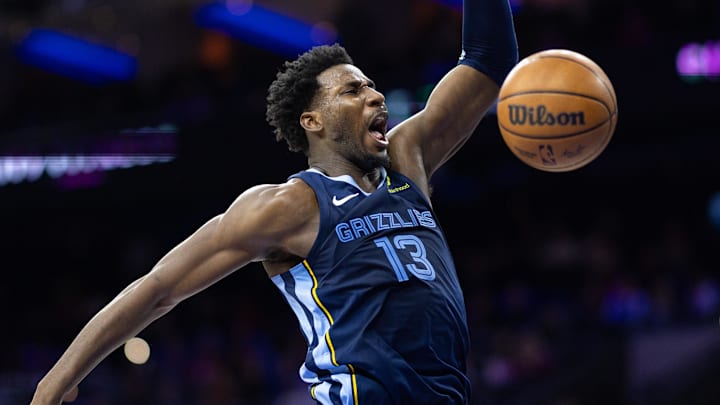 Nov 2, 2024; Philadelphia, Pennsylvania, USA; Memphis Grizzlies forward Jaren Jackson Jr. (13) dunks the ball against the Philadelphia 76ers during the fourth quarter at Wells Fargo Center. Mandatory Credit: Bill Streicher-Imagn Images