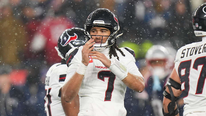 Jan 18, 2026; Foxborough, MA, USA; Houston Texans quarterback C.J. Stroud (7) calls for a time out in the fourth quarter against the New England Patriots in an AFC Divisional Round game at Gillette Stadium. Mandatory Credit: Brian Fluharty-Imagn Images
