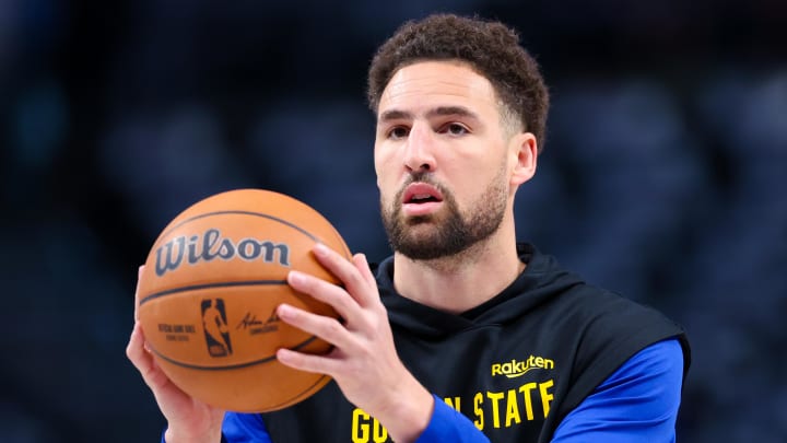 Apr 5, 2024; Dallas, Texas, USA;  Golden State Warriors guard Klay Thompson (11) warms up before the game against the Dallas Mavericks at American Airlines Center. 