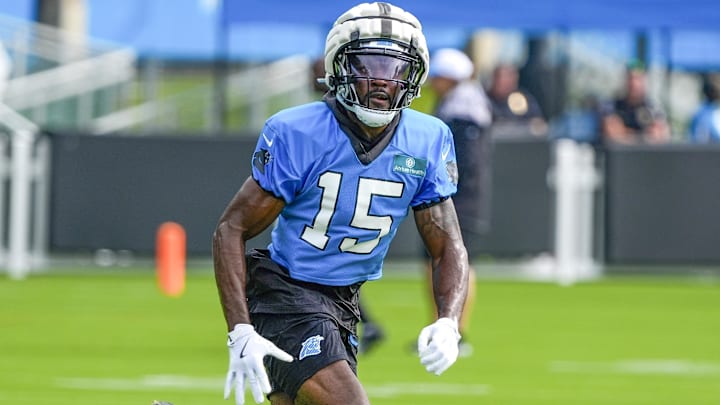 Jul 24, 2024; Charlotte, NC, USA; Carolina Panthers wide receiver Jonathan Mingo (15) runs a pass route at Carolina Panthers Practice Fields. Mandatory Credit: Jim Dedmon-Imagn Images