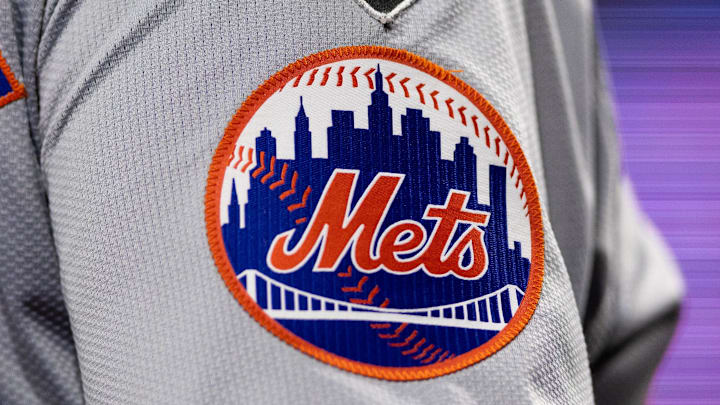 May 15, 2024; Philadelphia, Pennsylvania, USA; New York Mets logo on the sleeve of J.D. Martinez during a game against the Philadelphia Phillies at Citizens Bank Park. Mandatory Credit: Bill Streicher-Imagn Images