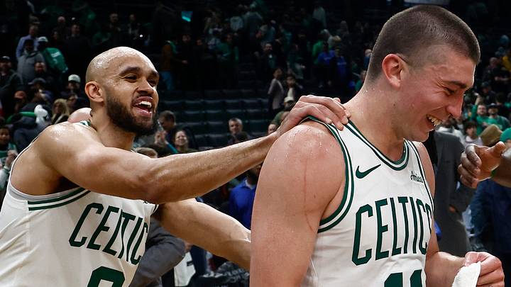 Mar 5, 2025; Boston, Massachusetts, USA; For the first time in Boston Celtics history, two teammates scored over 40 points in a game, Boston Celtics guard Derrick White (9), 41 points, and guard Payton Pritchard (11) ,43 points as they joke around after their win over the Portland Trail Blazers at TD Garden. Mandatory Credit: Winslow Townson-Imagn Images Mar 5, 2025; Boston, Massachusetts, USA; For the first time in Boston Celtics history, two teammates scored over 40 points in a game, Boston Celtics guard Derrick White (9), 41 points, and guard Payton Pritchard (11) ,43 points as they joke around after their win over the Portland Trail Blazers at TD Garden. Mandatory Credit: Winslow Townson-Imagn Images