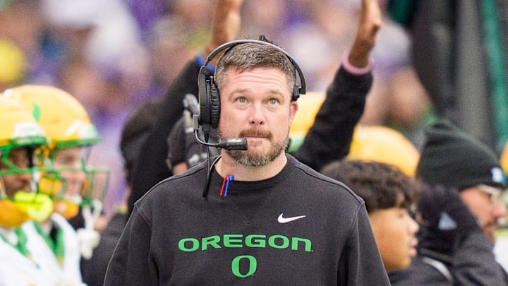 Oregon head coach Dan Lanning walks the sideline as the Oregon Ducks take on the Washington Huskies on Nov. 29, 2025, at Husky Stadium in Seattle, Washington. Oregon head coach Dan Lanning walks the sideline as the Oregon Ducks take on the Washington Huskies on Nov. 29, 2025, at Husky Stadium in Seattle, Washington.