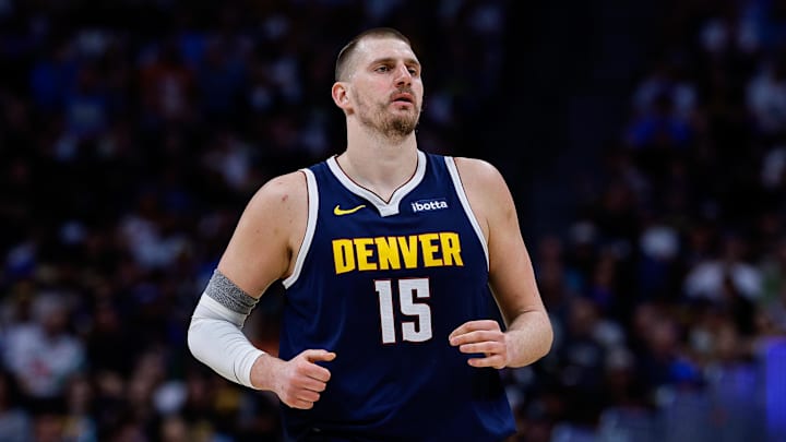 Mar 25, 2026; Denver, Colorado, USA; Denver Nuggets center Nikola Jokic (15) in the second quarter against the Dallas Mavericks at Ball Arena. Ma