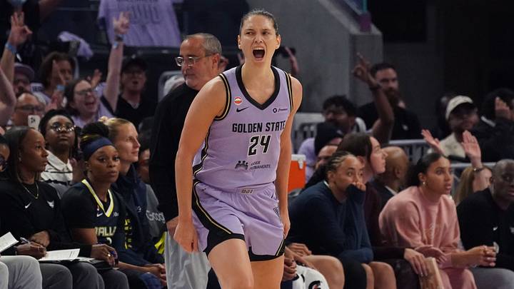 Sep 27, 2026; San Francisco, California, USA;  Golden State Valkyries forward Cecilia Zandalasini (24) celebrates after making a basket against the Dallas Wings in the second quarter during game one of the first round for the 2026 WNBA Playoffs at Chase Center.  Mandatory Credit: David Gonzales-Imagn Images