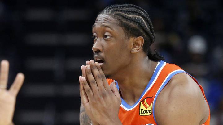Jan 9, 2026; Memphis, Tennessee, USA; Oklahoma City Thunder guard Jalen Williams (8) reacts during the second quarter against the Memphis Grizzlies at FedExForum. Mandatory Credit: Petre Thomas-Imagn Images