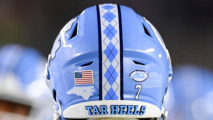 Oct 30, 2021; South Bend, Indiana, USA; A detail view of a North Carolina Tar Heels football helmet during warmups before the game against the Notre Dame Fighting Irish at Notre Dame Stadium. Mandatory Credit: Matt Cashore-Imagn Images