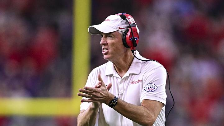 Dec 27, 2025; Houston, TX, USA; Houston Cougars head coach Willie Fritz reacts during the first half against the Louisiana State Tigers at NRG Stadium. Mandatory Credit: Maria Lysaker-Imagn Images 