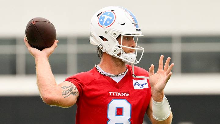 Aug 1, 2026; Nashville, TN, USA;  throws a pass Tennessee Titans quarterback Will Levis (8) during training camp at Vanderbilt Health Football Center. Mandatory Credit: Steve Roberts-Imagn Images