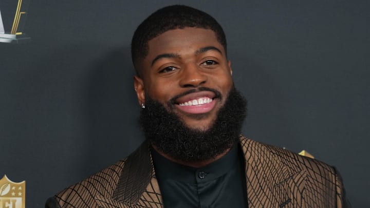 Feb 6, 2025; New Orleans, LA, USA;  Jared Verse on the red carpet before Super Bowl LIX NFL Honors at Saenger Theatre. Mandatory Credit: Kirby Lee-Imagn Images