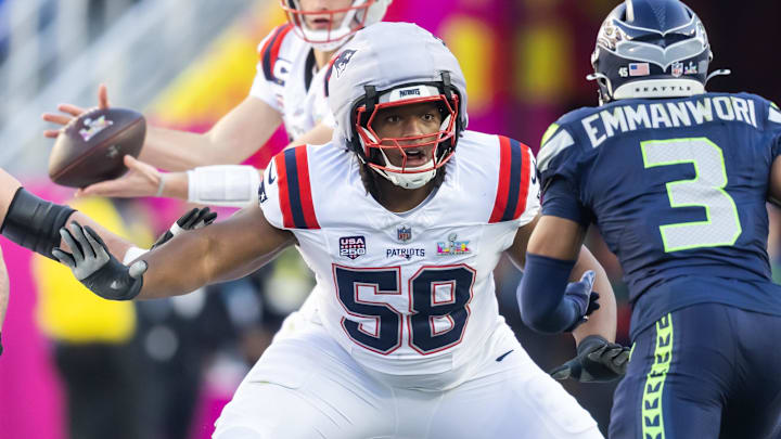 Feb 8, 2026; Santa Clara, CA, USA; New England Patriots guard Jared Wilson (58) against the Seattle Seahawks during Super Bowl LX at Levi's Stadium. Mandatory Credit: Mark J. Rebilas-Imagn Images
