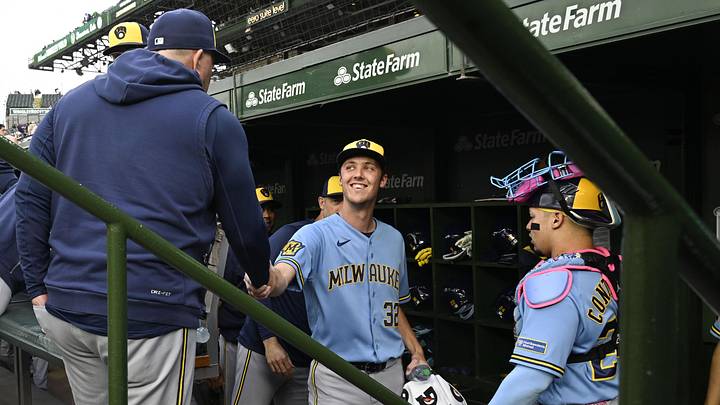 May 19, 2026; Chicago, Illinois, USA;  Milwaukee Brewers manager Pat Murphy (49) talks with pitcher Jacob Misiorowski (32) before the game against the Chicago Cubs at Wrigley Field. Mandatory Credit: Matt Marton-Imagn Images