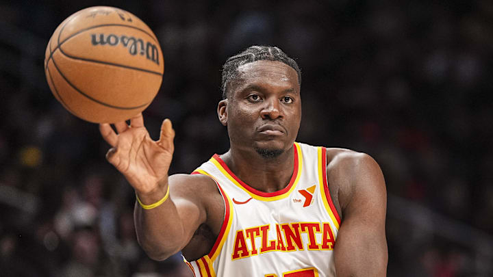 Atlanta Hawks center Clint Capela (15) inbounds the ball against the Toronto Raptors during the first half at State Farm Arena.
