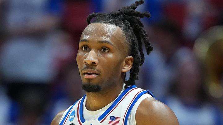 Mar 20, 2026; San Diego, CA, USA; Kansas Jayhawks guard Darryn Peterson (22) looks on in the first half against the California Baptist Lancers during a first round game of the men's 2026 NCAA Tournament at Viejas Arena. Mandatory Credit: Kirby Lee-Imagn Images Mar 20, 2026; San Diego, CA, USA; Kansas Jayhawks guard Darryn Peterson (22) looks on in the first half against the California Baptist Lancers during a first round game of the men's 2026 NCAA Tournament at Viejas Arena. Mandatory Credit: Kirby Lee-Imagn Images