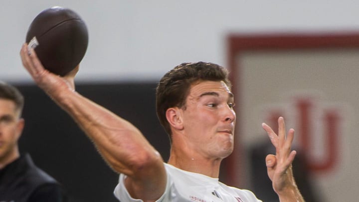 Fernando Mendoza participates in Indiana University's Pro Day at Mellencamp Pavilion on Wednesday, April 1, 2026.