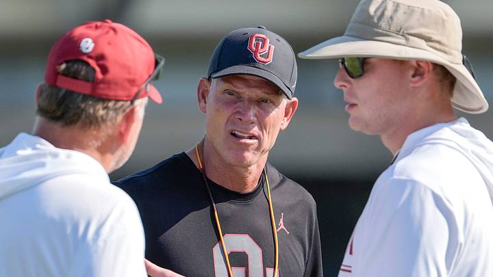 Oklahoma head coach Brent Venables talks to coaches during an OU Football practice in Norman, Okla., on Tuesday, Aug. 11, 2026.