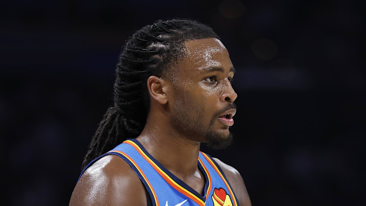 Apr 2, 2026; Oklahoma City, Oklahoma, USA; Oklahoma City Thunder guard Cason Wallace (22) looks across the court during a time out against the Los Angeles Lakers during the second half at Paycom Center. Mandatory Credit: Alonzo Adams-Imagn Images