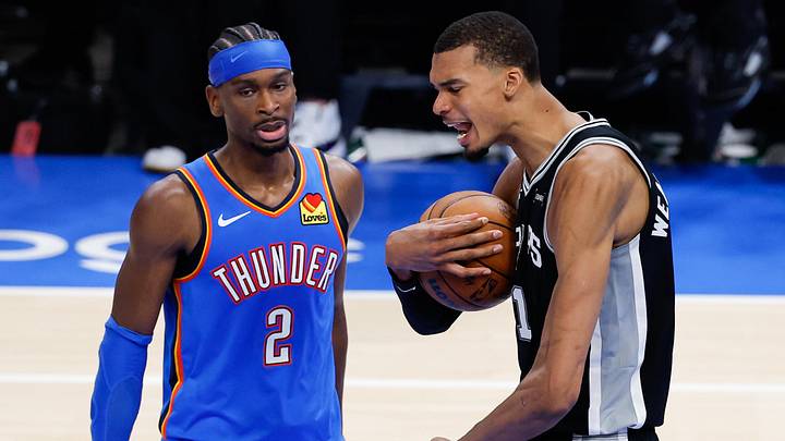 May 18, 2026; Oklahoma City, Oklahoma, USA; San Antonio Spurs center Victor Wembanyama (1) reacts in double overtime against the Oklahoma City Thunder during game one of the western conference finals for the 2026 NBA playoffs at Paycom Center. Mandatory Credit: Alonzo Adams-Imagn Images