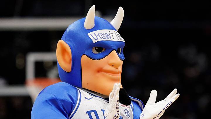 Mar 29, 2026; Washington, DC, USA; The Duke Blue Devils mascot performs during a timeout against the UConn Huskies in the first half during an Elite Eight game of the East Regional of the men's 2026 NCAA Tournament at Capital One Arena. Mandatory Credit: Geoff Burke-Imagn Images Mar 29, 2026; Washington, DC, USA; The Duke Blue Devils mascot performs during a timeout against the UConn Huskies in the first half during an Elite Eight game of the East Regional of the men's 2026 NCAA Tournament at Capital One Arena. Mandatory Credit: Geoff Burke-Imagn Images