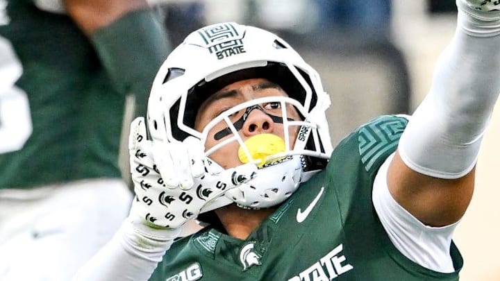 Michigan State's Anelu Lafaele celebrates after forcing a fumble against Western Michigan during the first quarter on Friday, Aug. 29, 2025, in East Lansing. Michigan State's Anelu Lafaele celebrates after forcing a fumble against Western Michigan during the first quarter on Friday, Aug. 29, 2025, in East Lansing.