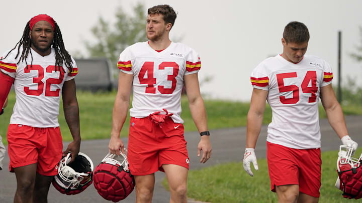 Jul 27, 2022; St. Joseph, MO, USA; Kansas City Chiefs linebacker Nick Bolton (32) and linebacker Jack Cochrane (43) and linebacker Leo Chenal (54) walk down the hill to the field prior to training camp at Missouri Western State University. Mandatory Credit: Denny Medley-Imagn Images Jul 27, 2022; St. Joseph, MO, USA; Kansas City Chiefs linebacker Nick Bolton (32) and linebacker Jack Cochrane (43) and linebacker Leo Chenal (54) walk down the hill to the field prior to training camp at Missouri Western State University. Mandatory Credit: Denny Medley-Imagn Images