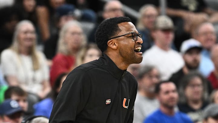 Mar 22, 2026; St. Louis, MO, USA; Miami Hurricanes head coach Jai Lucas calls a play during the second half against the Purdue Boilermakers during a second round game of the men's 2026 NCAA Tournament at Enterprise Center. Mandatory Credit: Jeff Le-Imagn Images