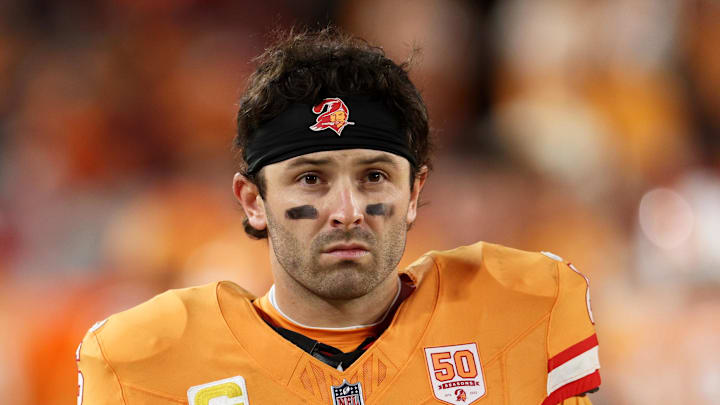 Tampa Bay Buccaneers quarterback Baker Mayfield (6) looks on against the Atlanta Falcons during the fourth quarter