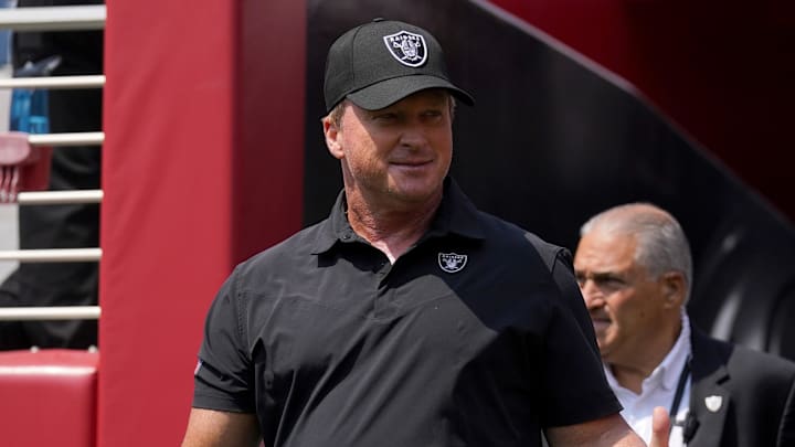 Aug 29, 2021; Santa Clara, California, USA; Las Vegas Raiders head coach Jon Gruden walks onto the field before the start of the game against the San Francisco 49ers at Levi's Stadium. Aug 29, 2021; Santa Clara, California, USA; Las Vegas Raiders head coach Jon Gruden walks onto the field before the start of the game against the San Francisco 49ers at Levi's Stadium.