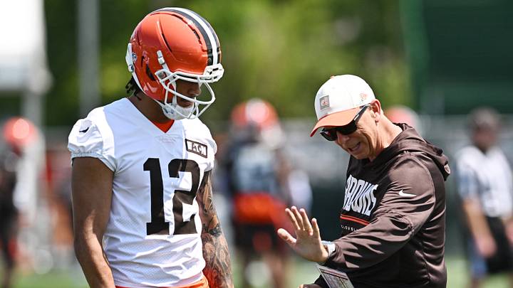 Jul 29, 2026; Berea, OH, USA; Cleveland Browns head coach Todd Monken talks to wide receiver Denzel Boston (12) during training camp at CrossCountry Mortgage Campus. Mandatory Credit: Ken Blaze-Imagn Images Jul 29, 2026; Berea, OH, USA; Cleveland Browns head coach Todd Monken talks to wide receiver Denzel Boston (12) during training camp at CrossCountry Mortgage Campus. Mandatory Credit: Ken Blaze-Imagn Images