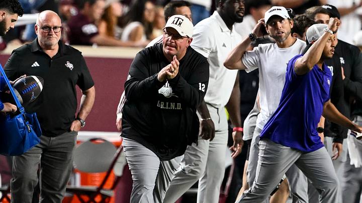 Texas A&M Aggies head coach Mike Elko reacts after the win over the Florida Gators at Kyle Field. Texas A&M Aggies head coach Mike Elko reacts after the win over the Florida Gators at Kyle Field.
