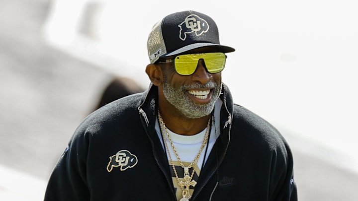 Apr 19, 2025; Boulder, CO, USA; Colorado Buffaloes head coach Deion Sanders during the spring game at Folsom Field. Apr 19, 2025; Boulder, CO, USA; Colorado Buffaloes head coach Deion Sanders during the spring game at Folsom Field.