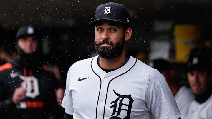 Detroit Tigers left fielder Riley Greene (31) walks out of the dugout before the first inning against New York Yankees at Comerica Park in Detroit on Monday, April 7, 2025