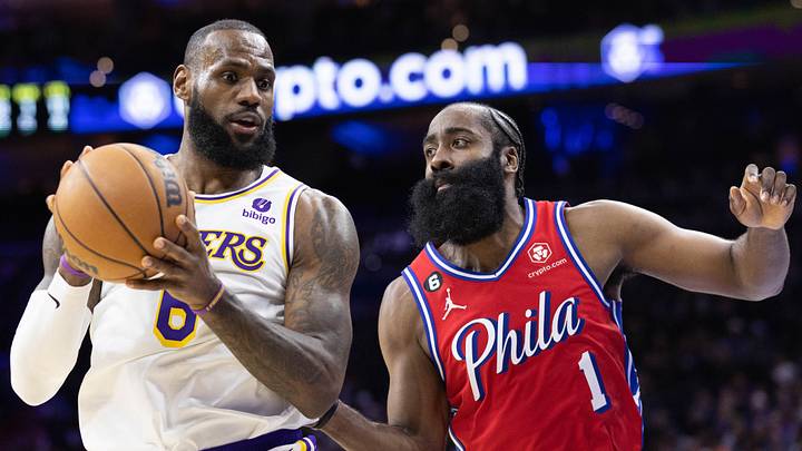  Los Angeles Lakers forward LeBron James (6) controls the ball against Philadelphia 76ers guard James Harden (1) during the fourth quarter at Wells Fargo Center. Mandatory Credit: Bill Streicher-USA TODAY Sports