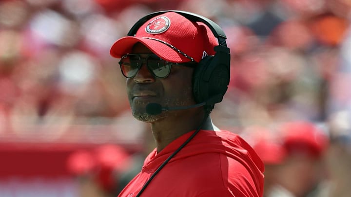 Sep 22, 2024; Tampa, Florida, USA; Tampa Bay Buccaneers head coach Todd Bowles looks on against the Denver Broncos during the first quarter at Raymond James Stadium. Mandatory Credit: Kim Klement Neitzel-Imagn Images