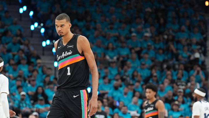 May 4, 2026; San Antonio, Texas, USA; San Antonio Spurs forward Victor Wembanyama (1) looks up the court in the second half against the Minnesota Timberwolves during Game 1 of the second round of the 2026 NBA Playoffs at Frost Bank Center.