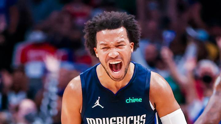 Oct 26, 2021; Dallas, Texas, USA;  Dallas Mavericks guard Jalen Brunson (13) reacts in front of forward Reggie Bullock (25) during the fourth quarter against the Houston Rockets at American Airlines Center. Mandatory Credit: Kevin Jairaj-USA TODAY Sports